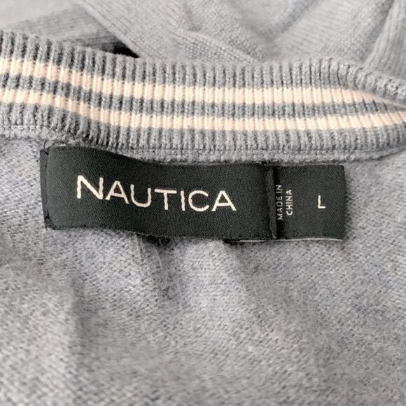 Nautica V-Neck Pullover Sweater Anchor Blue Heather Size Large Logo Stretch Knit - Picture 9 of 10